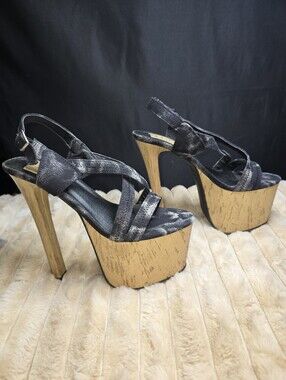 FRH Fahrenheit Black Silver Textured Cork Platform High Heel Sandals Size 8